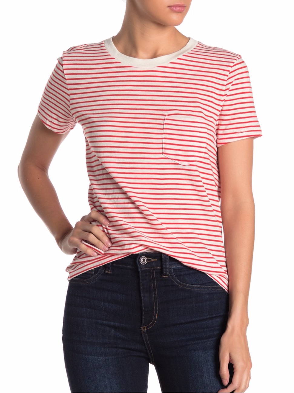 Madewell Brandy Crew Neck Pocket Tee Short Sleeve Red Striped Women’s Medium